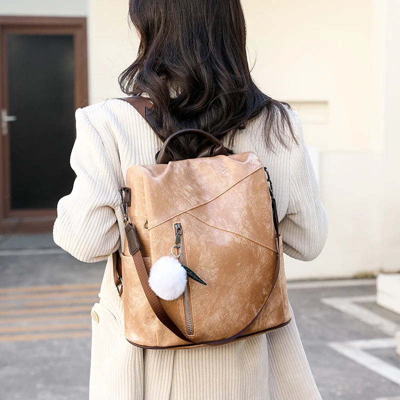 Women Double Strap Backpack Soft Surface PU Leather Handbag