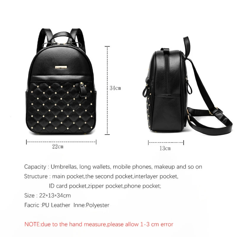 Rivet Backpack Women Solid School College Female Handbag