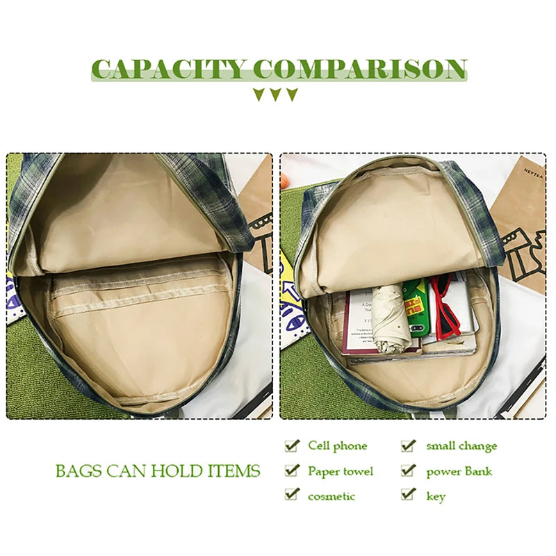 Plaid Canvas Women's Backpack Student Backpacks Large Capacity Waterproof