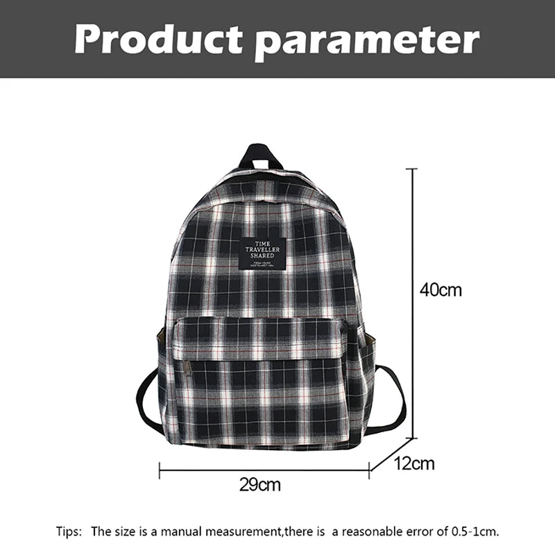 Plaid Canvas Women's Backpack Student Backpacks Large Capacity Waterproof