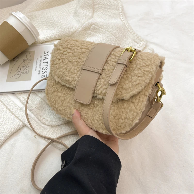 Winter Plush Women's Handbag Saddle Shoulder Strap Small Armpit Bag