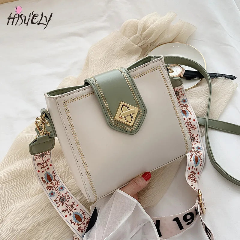 Vintage Women's Bucket Bag Wide Shoulder Strap Retro Crossbody Tote
