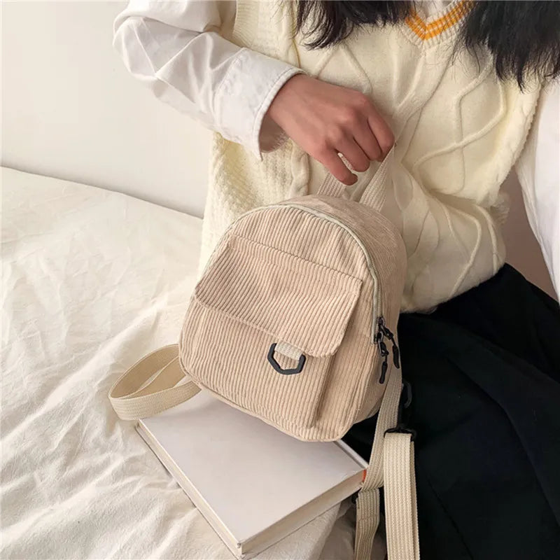 Corduroy Mini Backpack Small Casual Student Bookbag