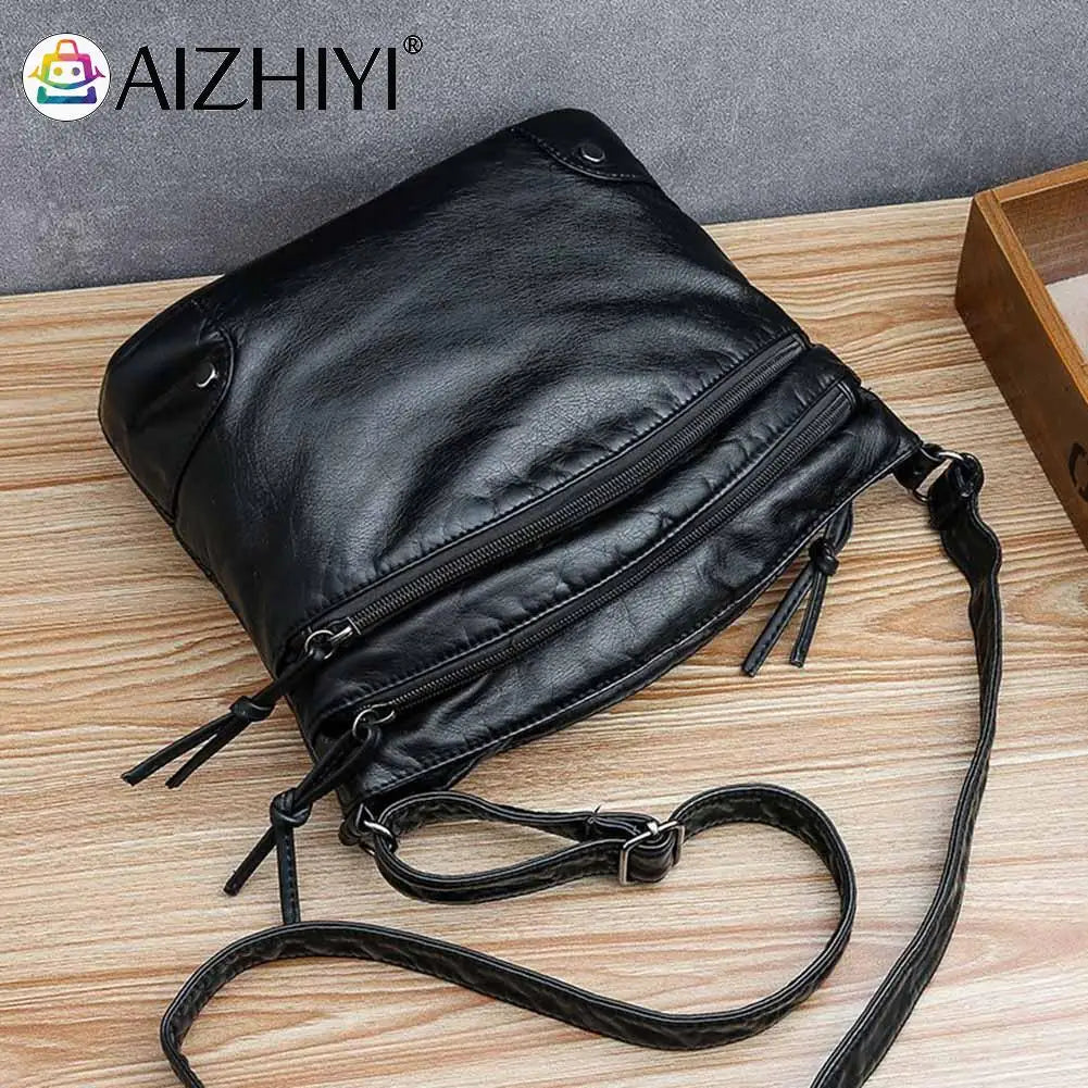 Multi-pocket Bucket Shoulder Bag Washed Pu Leather Crossbody