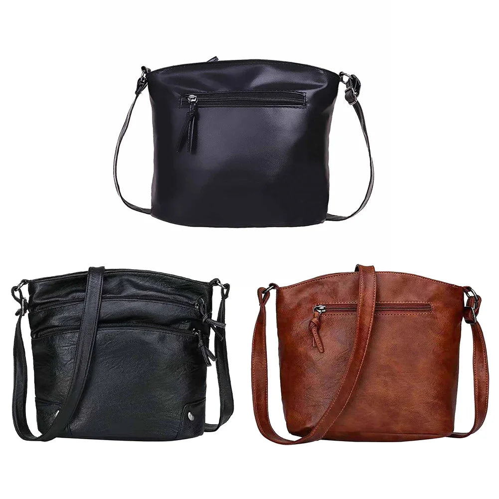 Multi-pocket Bucket Shoulder Bag Washed Pu Leather Crossbody