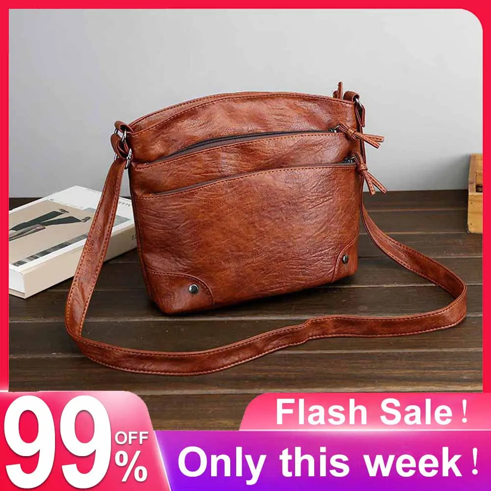 Multi-pocket Bucket Shoulder Bag Washed Pu Leather Crossbody