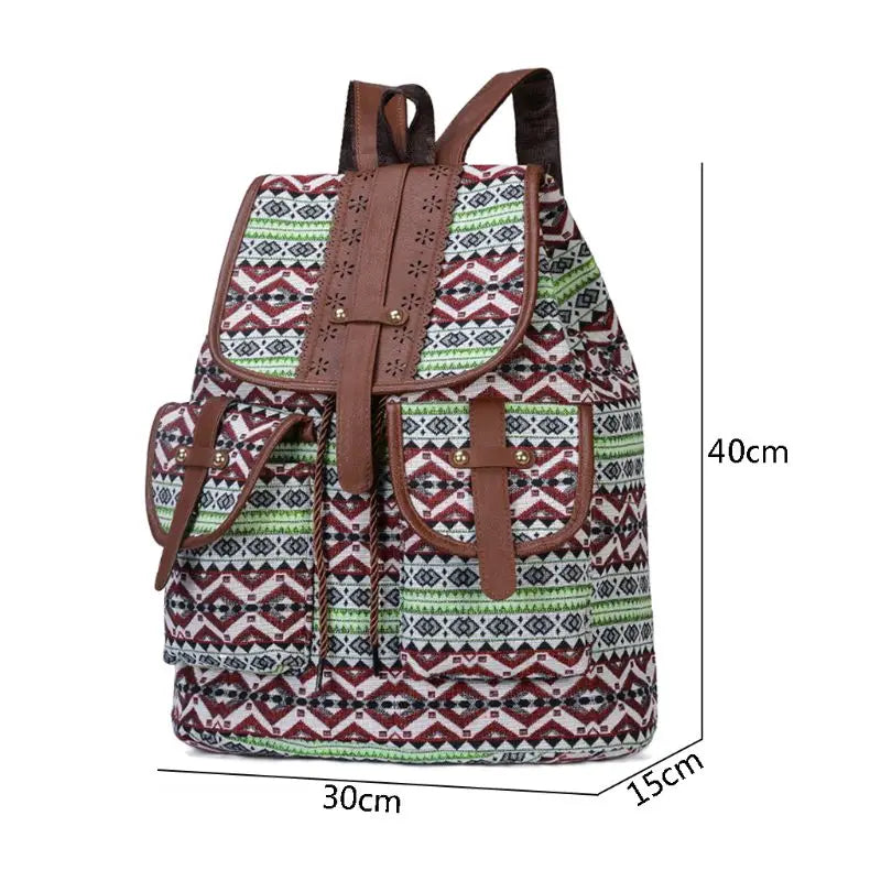 Vintage Ethnic Canvas Backpack Drawstring Bohemia Rucksack