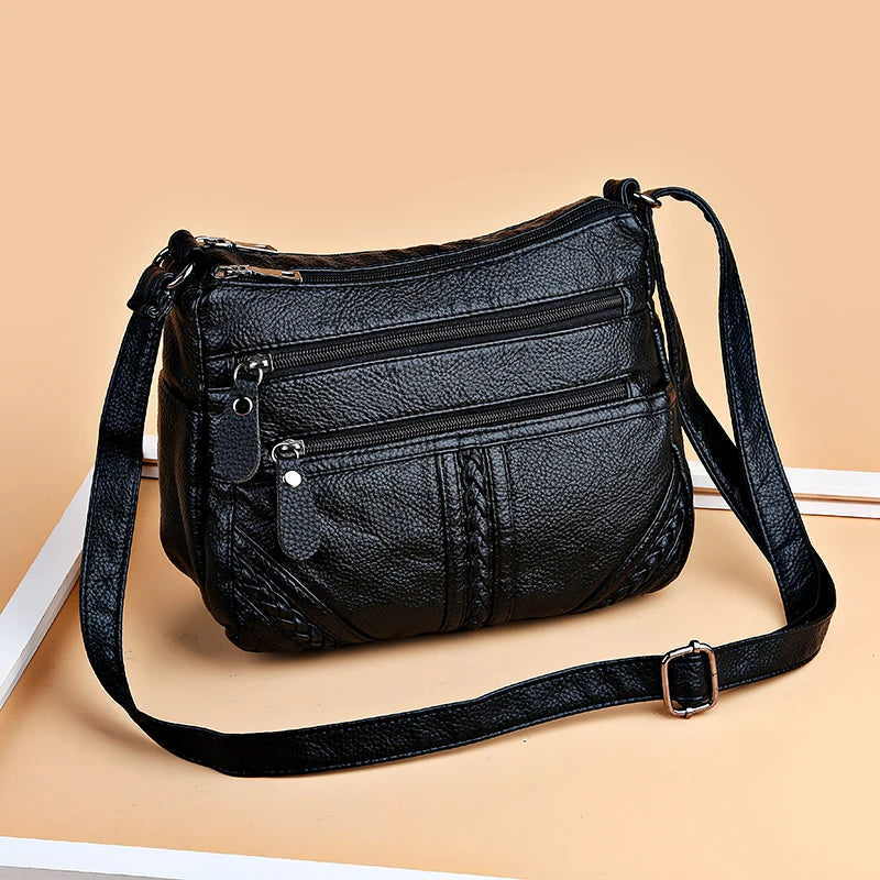 Hot Women Bag Washed Pu Soft Leather Shoulder Bag Multi-layer Crossbody Bag