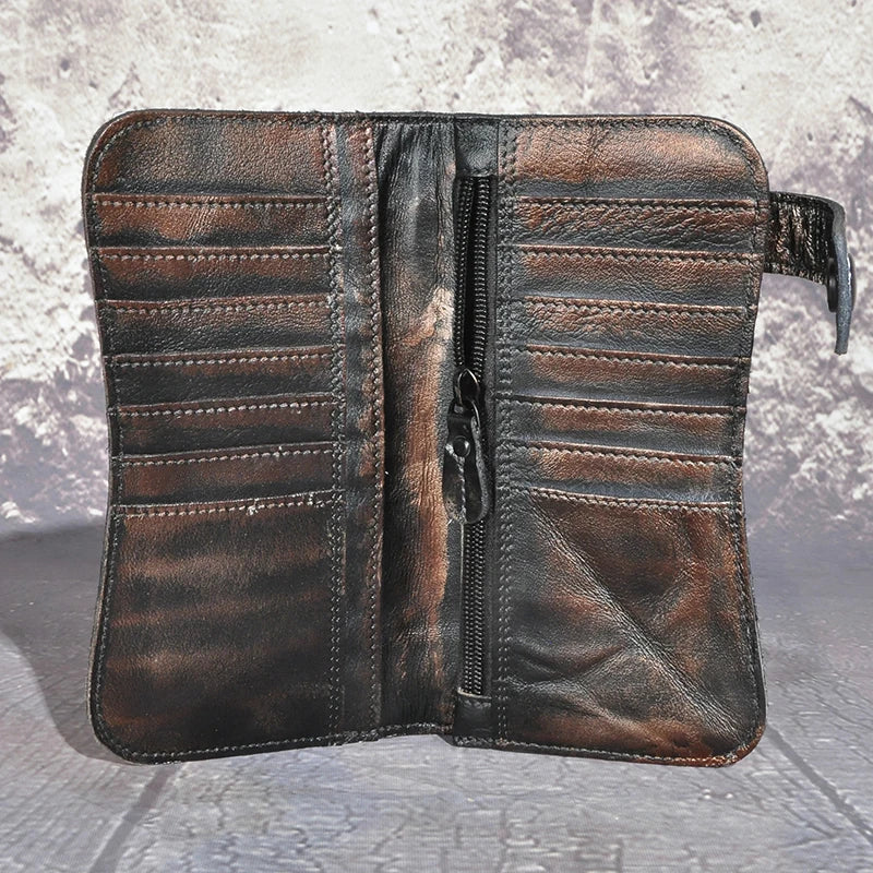 Hot Male Cattle Real Leather Dragon Emboss Checkbook Iron Chain Wallet