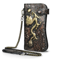 Men's Leather Dragon Checkbook Wallet with Chain