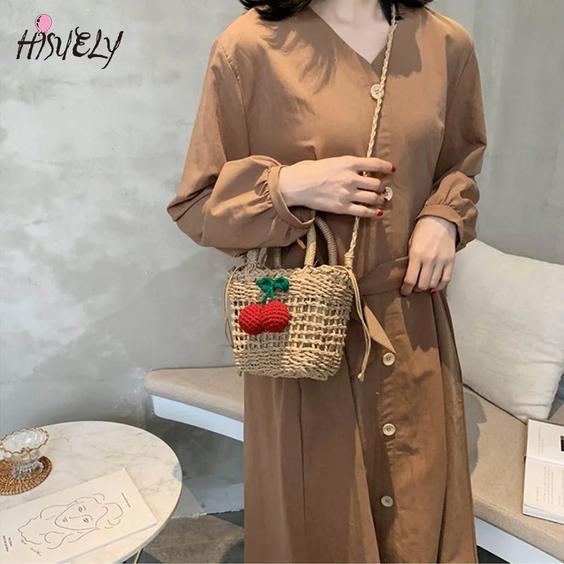 Ladies Cherry Woven Straw Bag Handbags Rattan Female Small Shoulder Bag