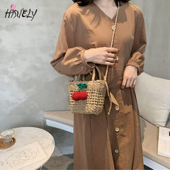 Ladies Cherry Woven Straw Bag Handbags Rattan Female Small Shoulder Bag
