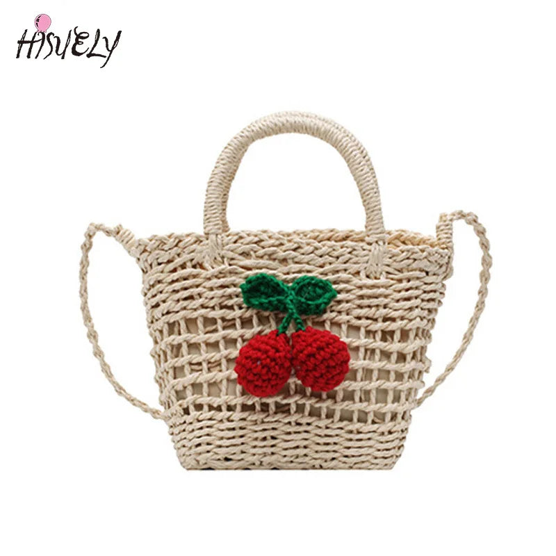Ladies Cherry Woven Straw Bag Handbags Rattan Female Small Shoulder Bag