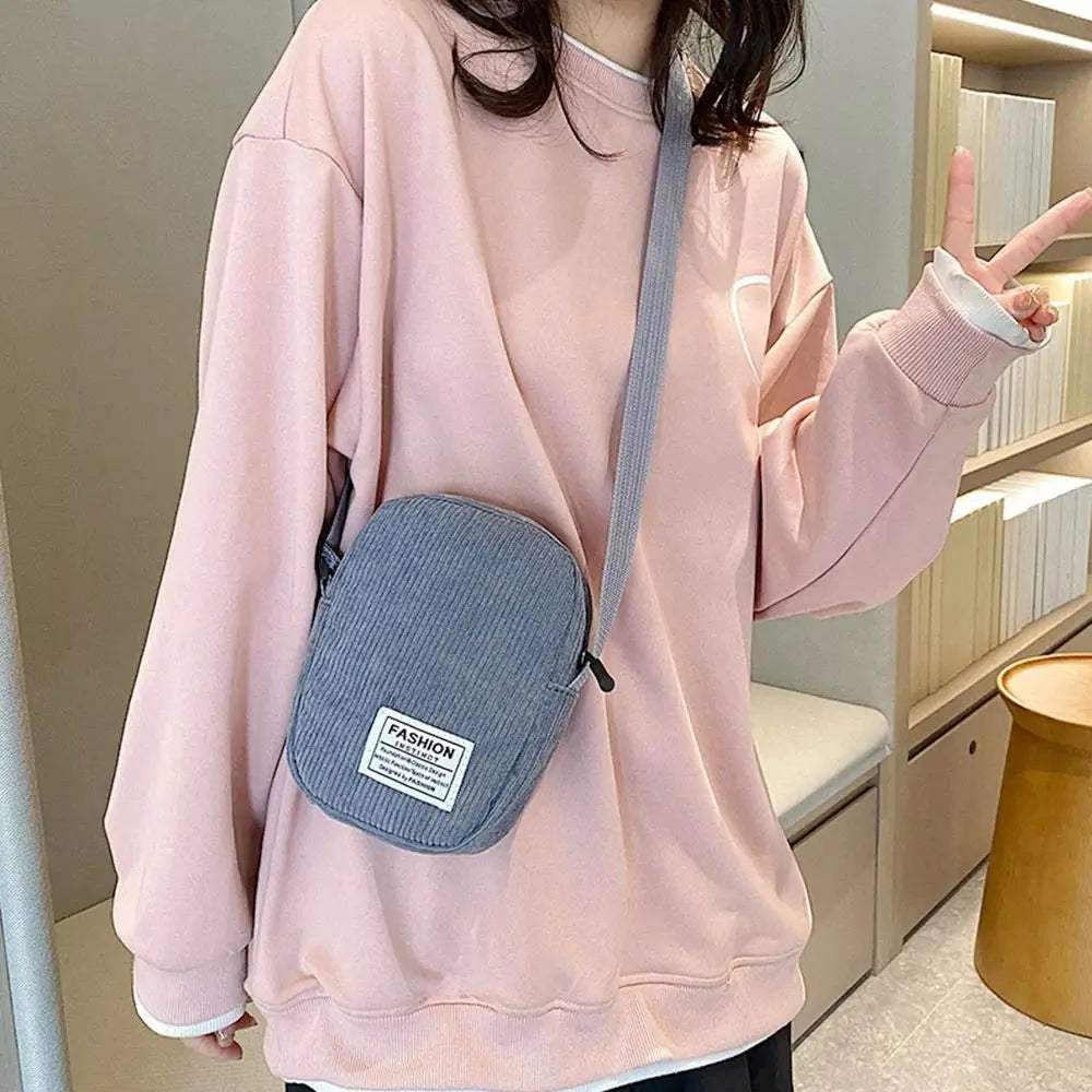 Small Corduroy Shoulder Bag with Letter Embroidery