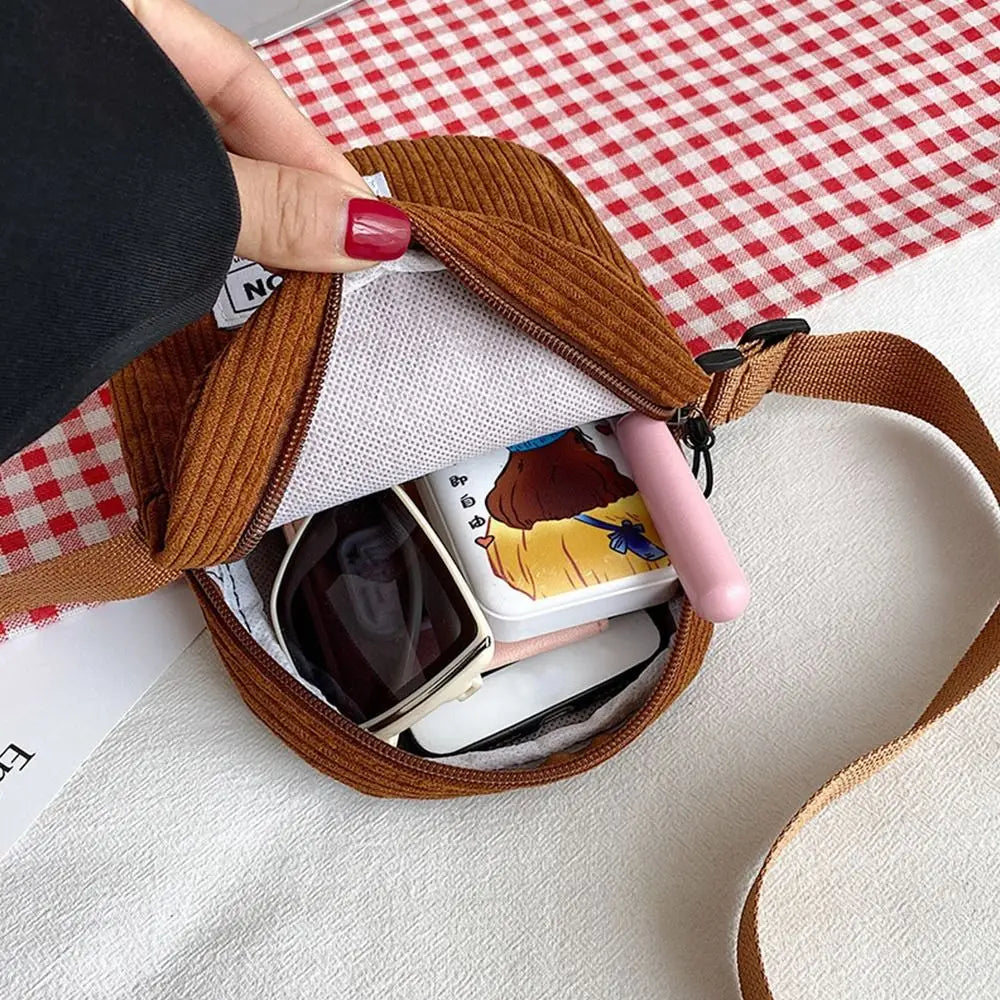 Small Corduroy Shoulder Bag with Letter Embroidery