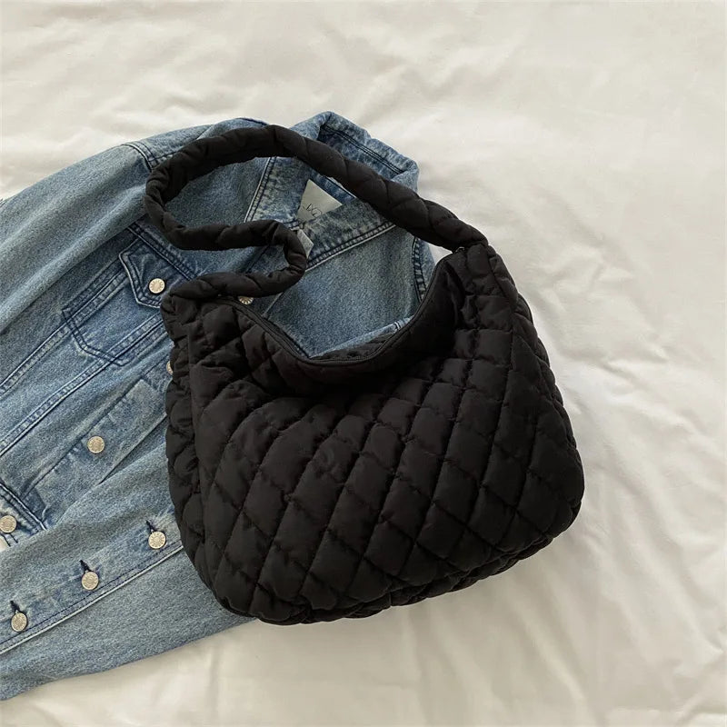 Lattice Pattern Shoulder Bag Space Cotton Handbags Women Large Capacity Tote Bag