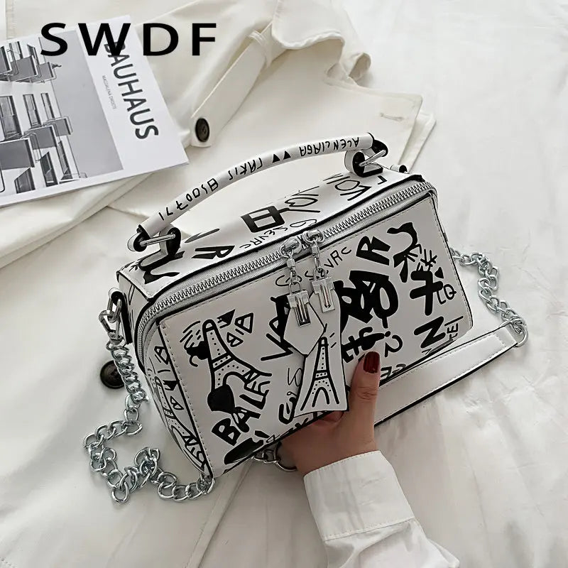 Women Leather Handbags and Purse Crossbody Bags Graffiti Shoulder Bags