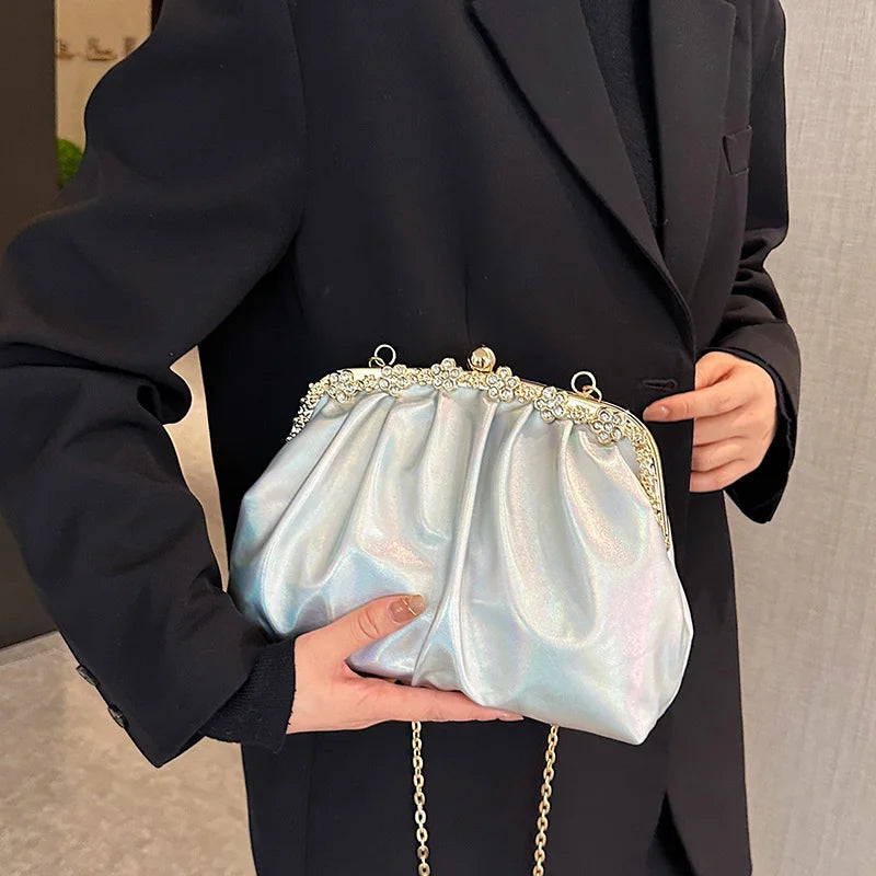 Glitter Crystal Crossbody Bag Silver Green Chain Shoulder Handbag