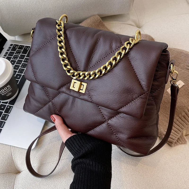 Vintage Rhombus Messenger Bag Soft Leather Chain Bag Crossbody Bags Female