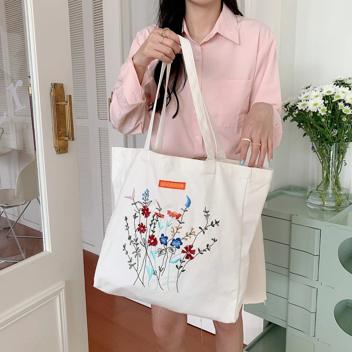Canvas Floral Shoulder Bag Large Capacity Shopping Bag for Women