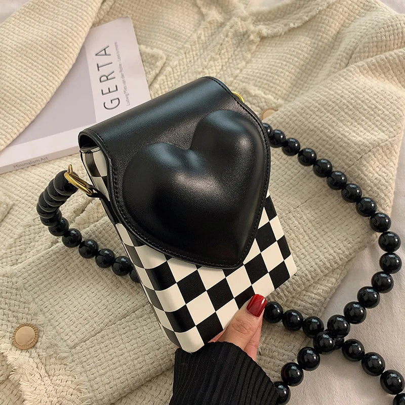 Bead Chain Messenger Bag, Chessboard Lattice, Small Square, Mobile Phone Bag