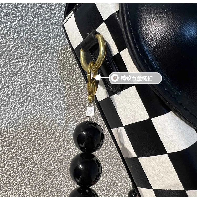 Bead Chain Messenger Bag, Chessboard Lattice, Small Square, Mobile Phone Bag