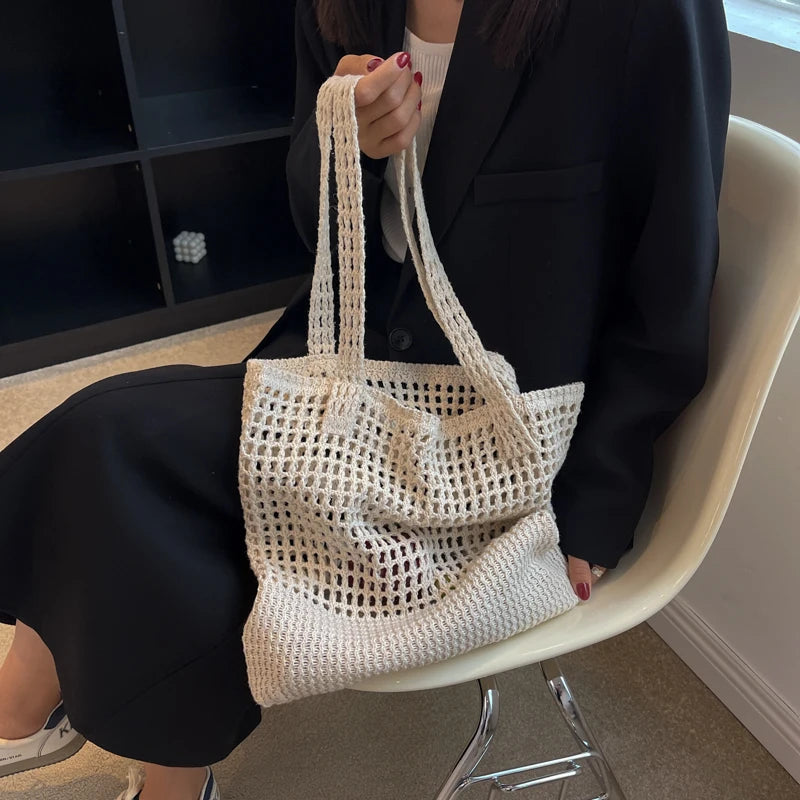 Casual Fashionable Handbags Large Capacity Knit Tote Beach Shoulder Bags