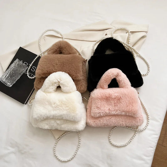 Hourglass Faux Fur Sherpa Bag Crossbody Chain Small Handbag Pink