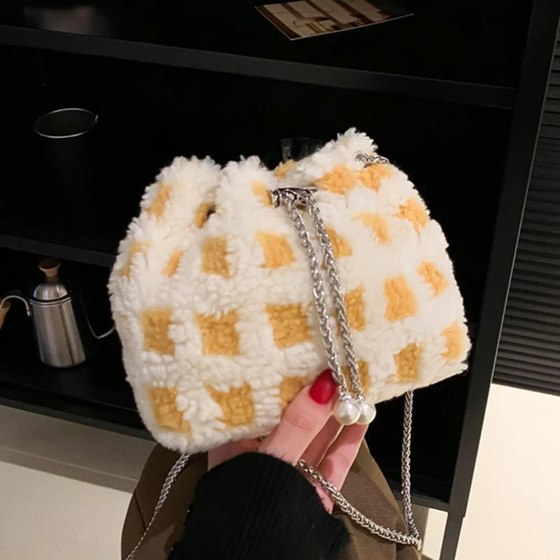 Pink Wool Fur Bucket Bag Chain Crossbody Party Clutch Lady