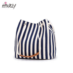 Casual Stripe Pattern Women's Handbag Canvas Bucket Bag Drawstring Beach Bag