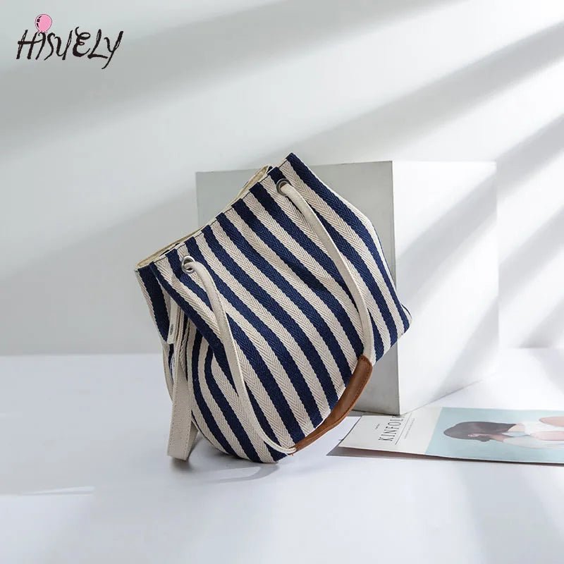 Casual Stripe Pattern Women's Handbag Canvas Bucket Bag Drawstring Beach Bag