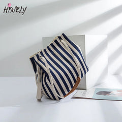 Casual Stripe Pattern Women's Handbag Canvas Bucket Bag Drawstring Beach Bag