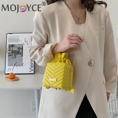 PU Leather Chain Bucket Bag Solid Portable Handbag