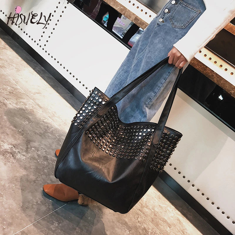 Rivet Women Pu Leather HandBags Larger Capacity Famous Shoulder Bag