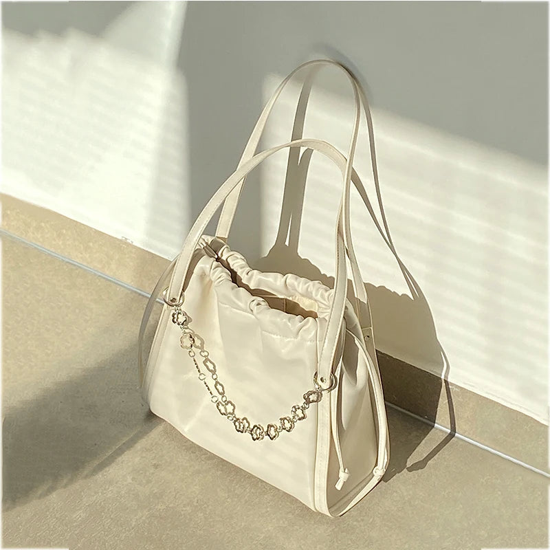 Women's Leather Drawstring Bucket Bag Large Capacity HandBag