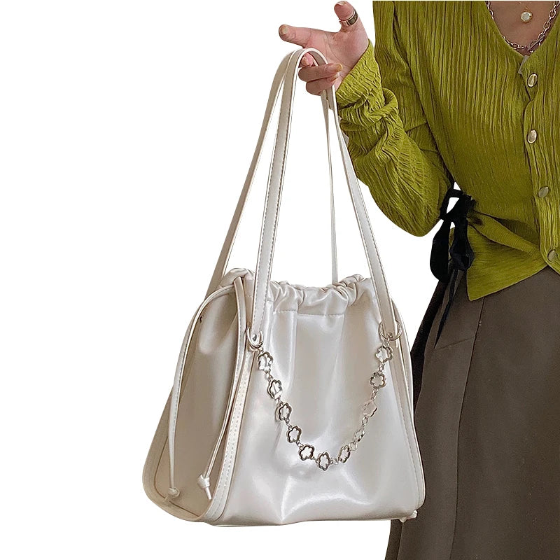 Women's Leather Drawstring Bucket Bag Large Capacity HandBag
