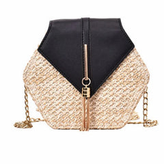 Hexagon Straw Leather Handbag Women Summer Rattan Bag