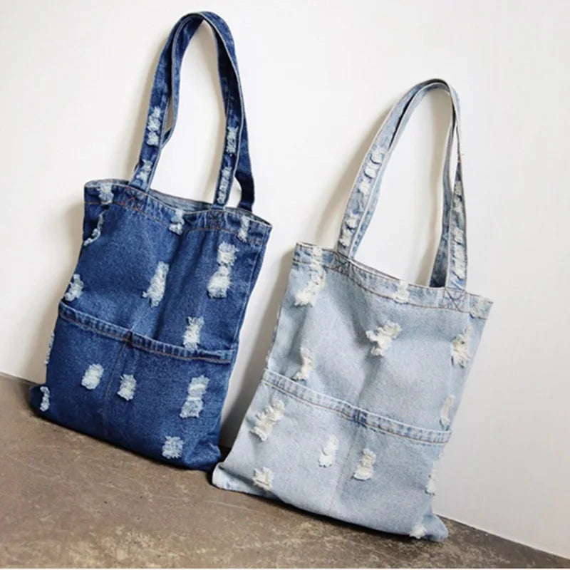 Ripped Denim Shoulder Bag Large Capacity