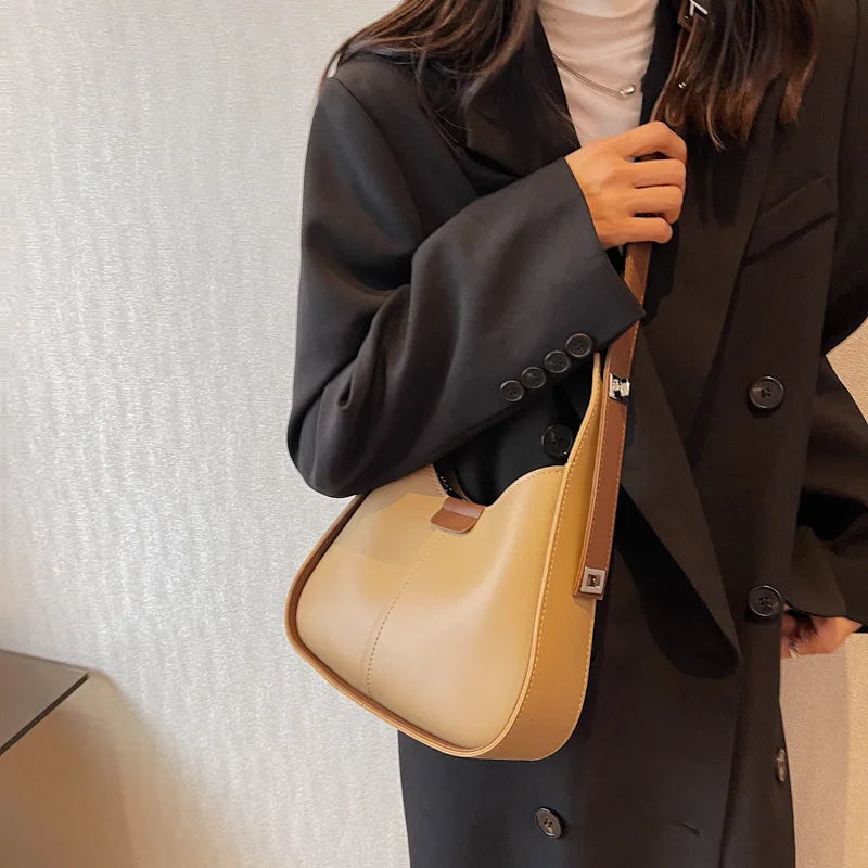 One Shoulder Bags Contrast Armpit Handbag Women Casual Retro Soft Leather Crossb