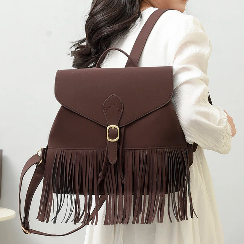 Retro Women Backpack Tassel Shoulder Bag High School Bag For Teenage Girls