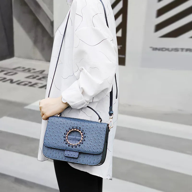 Women Ostrich Pattern Cowhide Shoulder Bag Leather Crossbody Bags