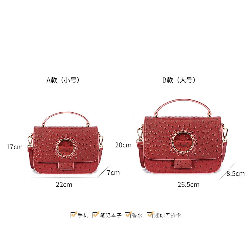 Women Ostrich Pattern Cowhide Shoulder Bag Leather Crossbody Bags