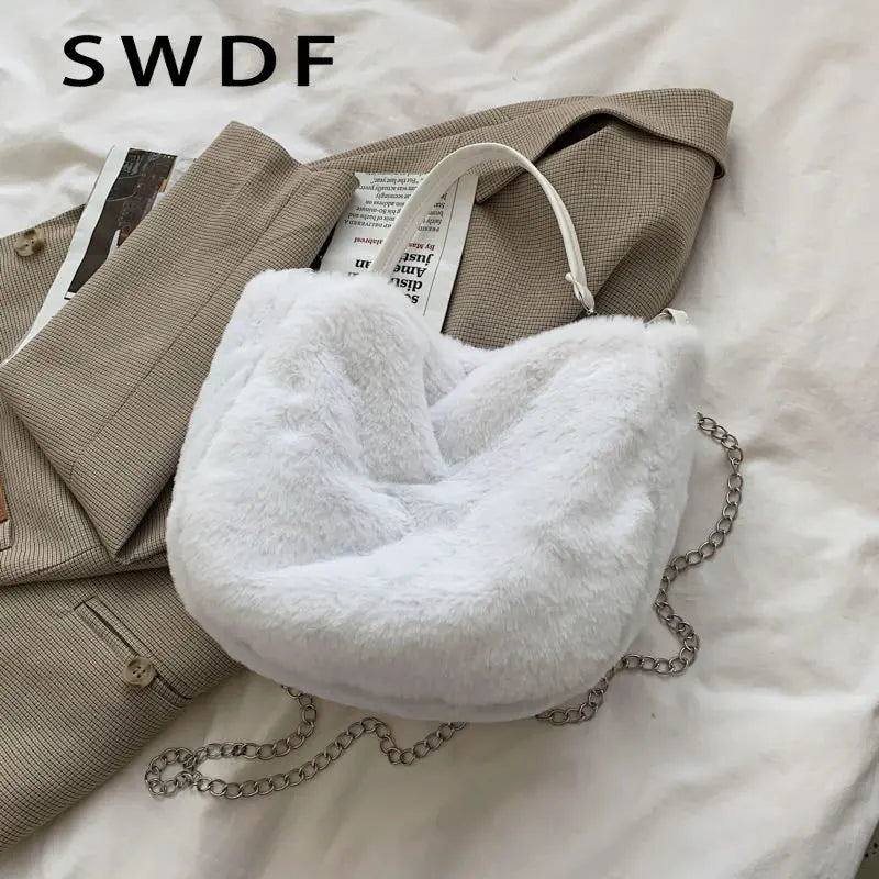 Winter Cow Print Shoulder Bag Soft Plush Handbag Female Chain Crossbody Bag