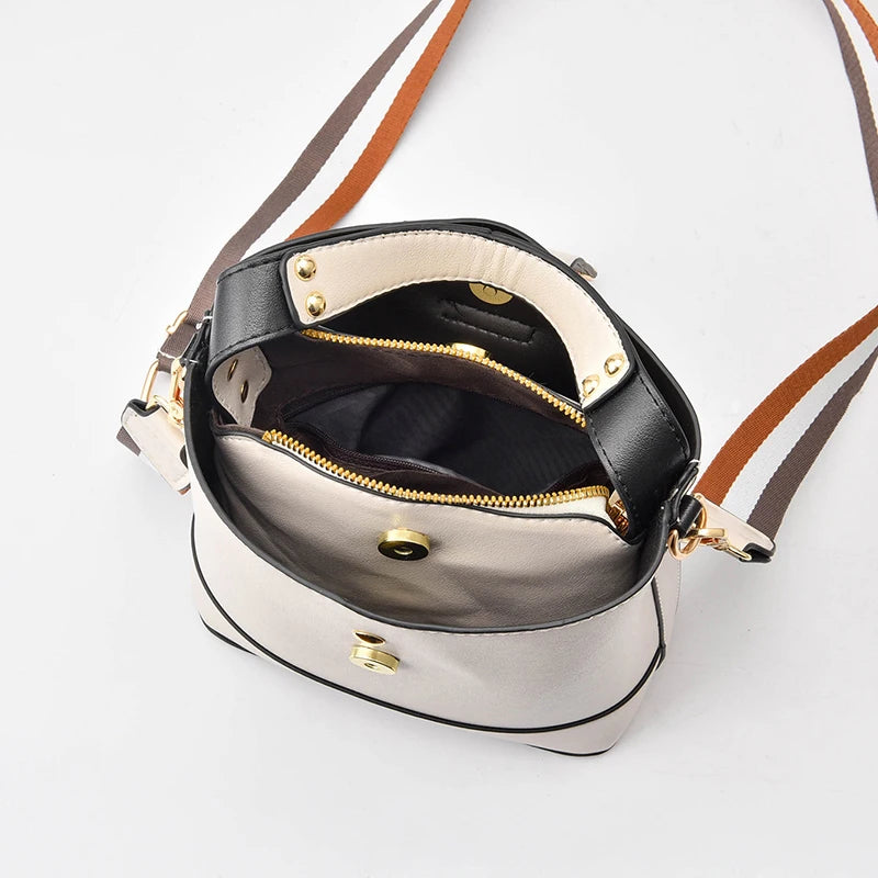Colorful Strap Bucket Bag PU Leather Shoulder Crossbody Messenger Bag