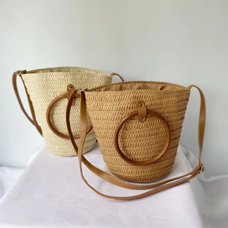 Straw Woven Bucket Bag with Ring Handle for Women