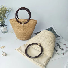 Straw Woven Bucket Bag with Ring Handle for Women