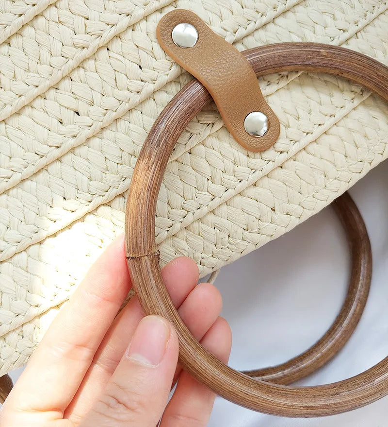 Straw Woven Bucket Bag with Ring Handle for Women
