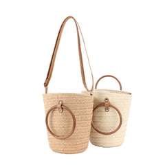 Straw Woven Bucket Bag with Ring Handle for Women