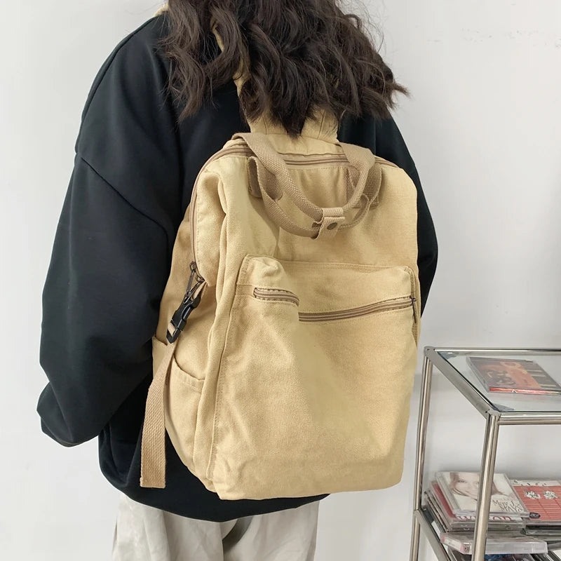 Double Zipper Canvas Backpack High Capacity School Shoulder Bags
