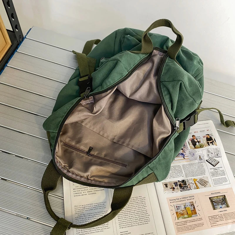 Double Zipper Canvas Backpack High Capacity School Shoulder Bags